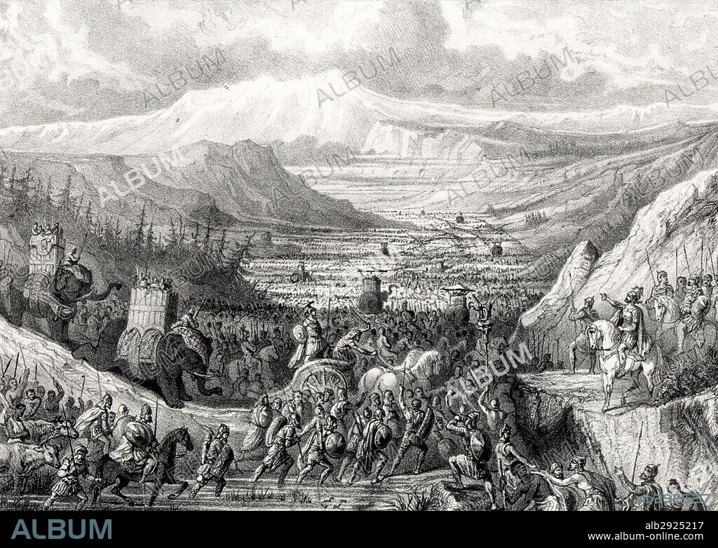 Historia. Aníbal al mando del ejército expedicionario cartaginés cruzando los Alpes para invadir Italia durante la Segunda guerra púnica (218-201 a. C.). Grabado de 1871.
