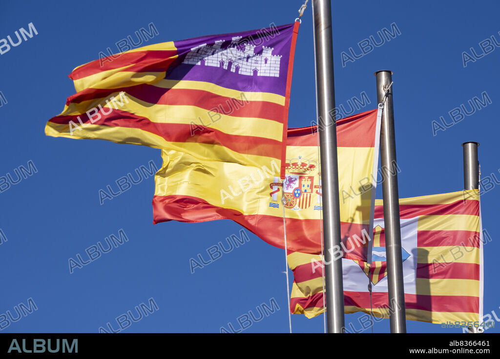 flags of the people, the community and the country, Inca, Mallorca, Balearic Islands, Spain.