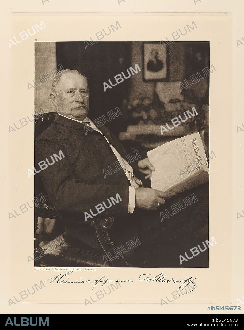 Rudolph Dührkoop, Heinrich Freiherr von Ohlendorff from the portfolio Hamburgische Männer und Frauen am Anfang des XX. Century, Staatliche Landesbildstelle Hamburg, Collection on the history of photography, paper, heliogravure, picture size: Height: 20,90 cm; Width: 16,20 cm, signed: recto below the picture: Exposed signature of the sitter, inscribed: recto: engraved on printing plate, below the picture: photograph and photogravure R. Dührkoop, Hamburg, top left above picture 94; top right in the corner in lead:87, stamp: recto: handwritten addition: Inv.Nr. and reference to repro, portrait photography, portrait, seated figure, newspaper, trader, craftsman, merchants, man, historical person, Heinrich von Ohlendorff, part of the portfolio Hamburg Men and Women at the Beginning of the XXth Century - Camera Portraits - Photographed, etched in copper and printed by Rudolph Dührkoop Hamburg 1905.
