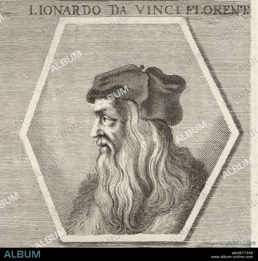 Leonardo da Vinci, Italian polymath of the High Renaissance who was active as a painter, draughtsman, engineer, scientist, theorist, sculptor, and architect, 1452-1519. Lionardo da Vinci Florent. Copperplate engraving after an illustration by Joachim von Sandrart from his LAcademia Todesca, della Architectura, Scultura & Pittura, oder Teutsche Academie, der Edlen Bau- Bild- und Mahlerey-Kunste, German Academy of Architecture, Sculpture and Painting, Jacob von Sandrart, Nuremberg, 1675.