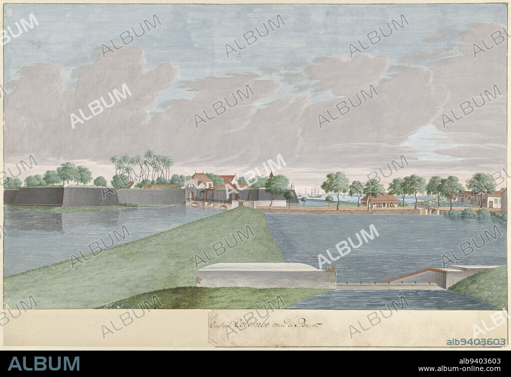 View of Colombo from landing De Beer (...) Castle Colombo van de Beer, draughtsman: Cornelis Steiger, (mentioned on object), Sri Lanka, c. 1710, paper, brush, h 342 mm × w 503 mm.