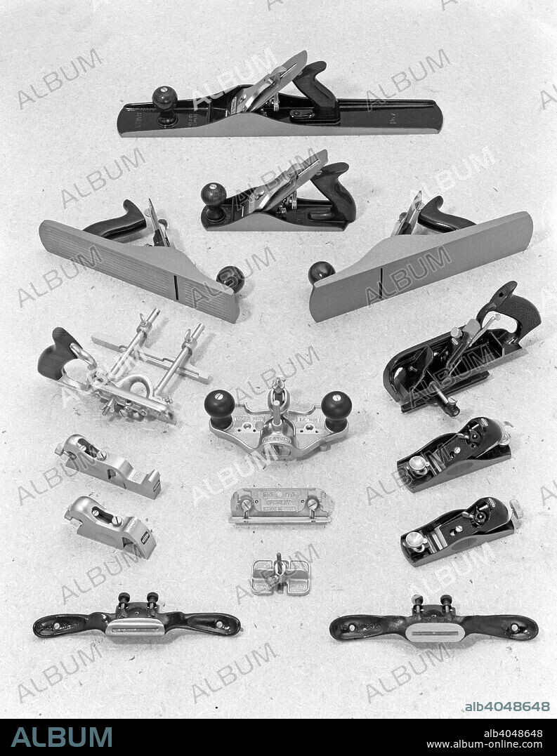 A range of Stanley hand tools, Sheffield, South Yorkshire, 1966. A range of tools including planes and spoke shaves. Stanley were and still are one of the more well known tool manufacturers in Sheffield and this range of hand tools from 1966 represents the type of quality products that were being produced at the time.