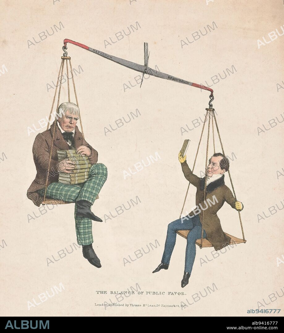 Scales with authors Walter Scott and Thomas Moore, The balance of public favor (title on object), An unbalanced scale with in the upper scale Walter Scott with his nine-volume work on the life of Napoleon Bonaparte and in the lower scale Thomas Moore holding up his book 'The Epicurean'., print maker: John Doyle, publisher: Thomas McLean, (mentioned on object), London, 1827, paper, height 425 mm × width 335 mm.