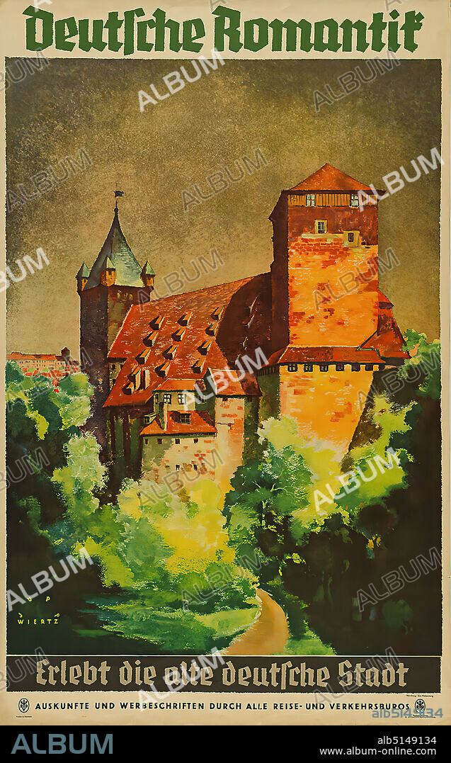 Jupp Wiertz, German Romanticism - Experiences the old German city, paper, offset lithography, total: height: 101,5 cm; width: 63,5 cm, signed: recto u. r. im Druck: JUPP WIERTZ, tourism posters, castle, palace.