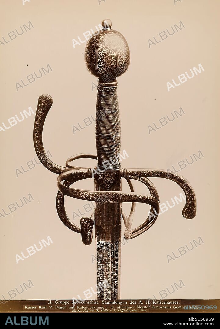 Josef Löwy, Emperor Karl V. Degen with calendar blade by the Munich master Ambrosius Gemlich 1530, albumin paper, black and white positive process, image size: height: 29.1 cm; width: 20.5 cm, inscribed: recto and: exposed: II. group of the kunsthist. Collections of the A. H. Kaiserhaus, Emperor Karl V. Degen with calendar blade by the Munich Master Ambrosius Gemlich 1530, Photography by J. Löwy, k. k. Hofphotograph, Vienna, sword, arts and crafts, decorative arts, industrial design, museum.