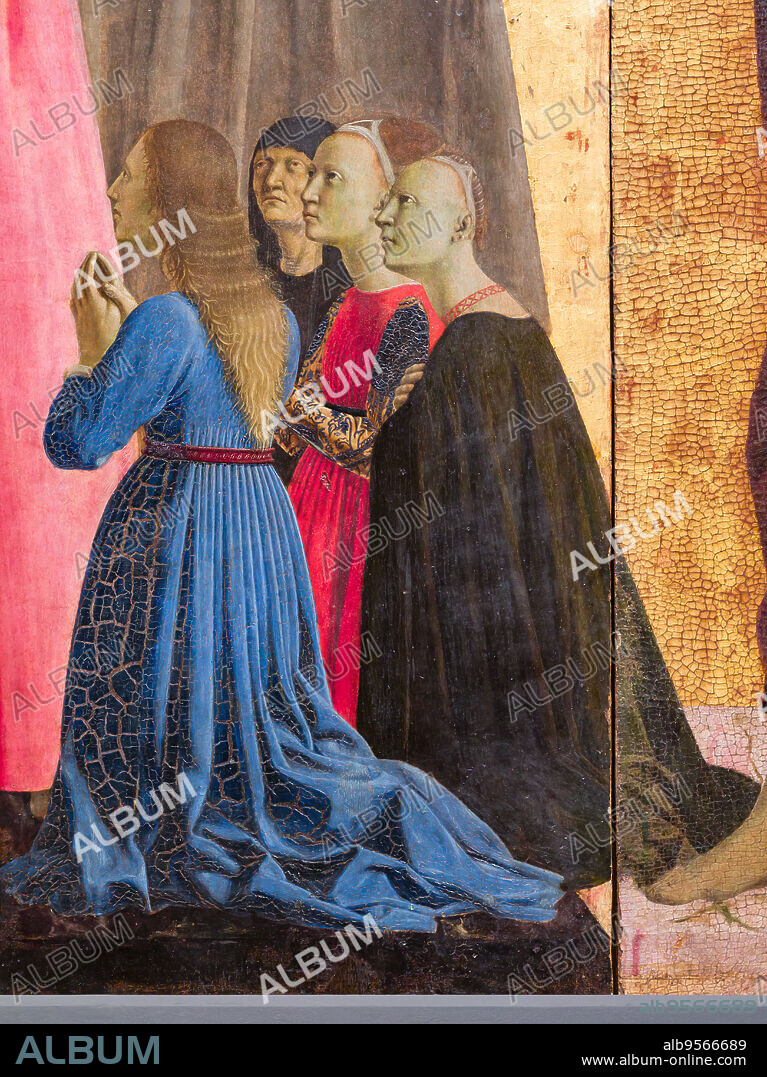 "Polyptych of Mercy" is a work, mixed technique (oil, tempera and golden background on wood) on panel, by Piero della Francesca, created between 1445 and 1462, and commissioned by the Confraternity of Mercy. Detail of the faithful protected by the Virgin.