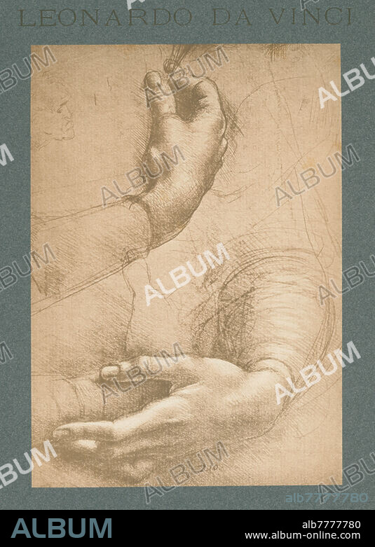 Leonardo da Vinci, 1452-1519. "Study of a woman's hands hands". Facsimile of the original, c. 1478 (Charcoal, metalpoint, white heightening, on pale pinkish-buff prepared paper, 215 x 150 mm. Windsor Castle, Royal Library, RL 12558 r, RCIN 912559). Reproduction (carbon print) after photography of Photographische Kunstanstalt Adolphe Braun (Adolphe Braun, 1812-1877, in collaboration with Charles Braun, 1815-1872, Henri Braun, 1837-1876, and Gaston Braun, 1845-1928). From the portfolio: Drawings by Leonardo da Vinci. Reproduced and published by Braun and Cie., Paris, Dornach (Alsace), London and New York, part I, 60 hand drawings on 40 plates, no. 6. Private collection.