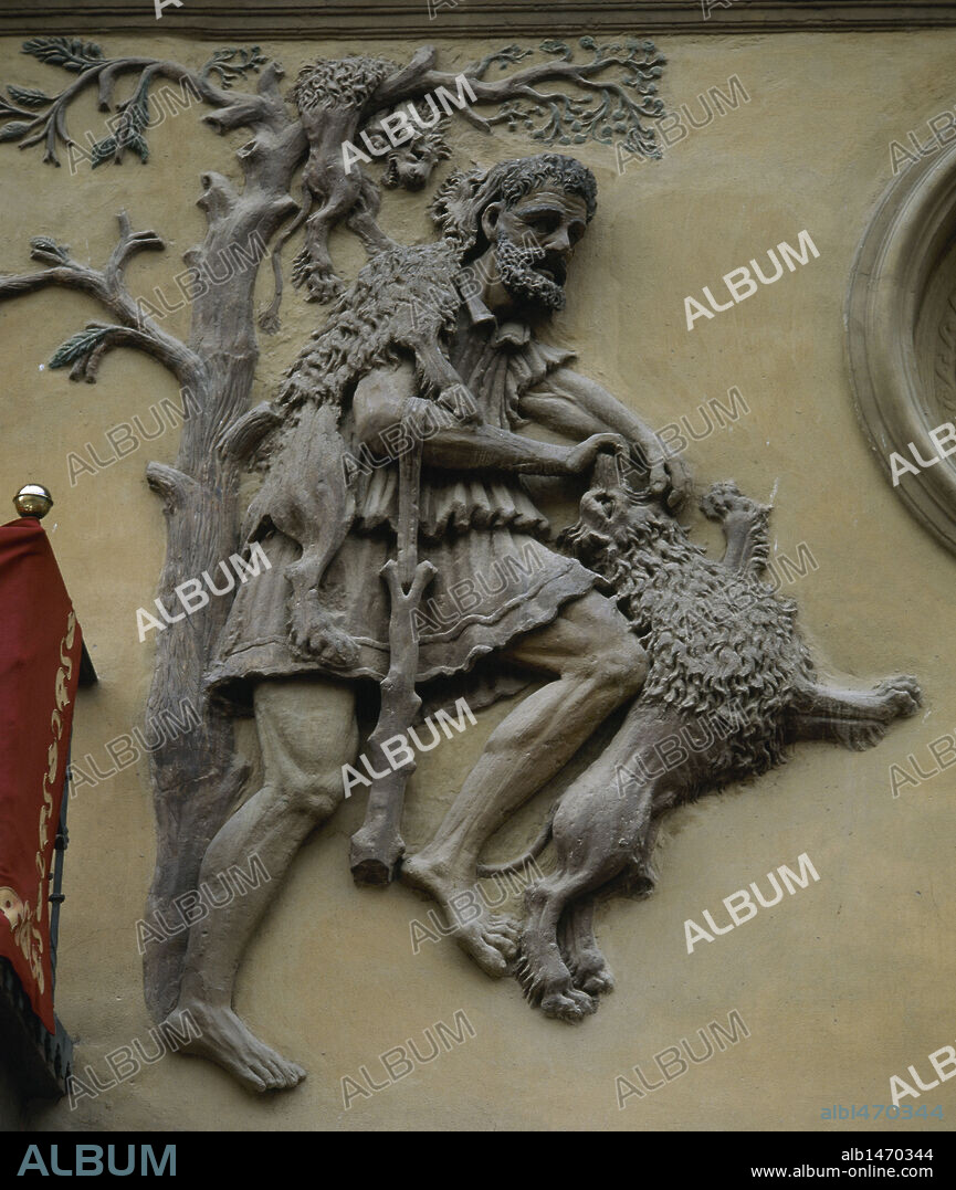 Twelve Labors of Hercules. First labor: kill the Nemean lion and take their skin. 16th century. City Hall. Tarazona. Aragon. Spain.