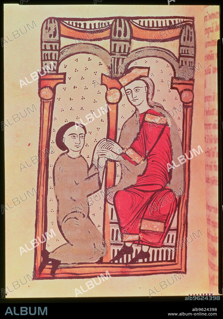Ermengol IV d'Urgell (- 1092) selling his vassal, Arnau Mir de Tost (- 1071), Llordà Castle, Miniature in 'Liber Feodorum Maior' 12th century manuscript.