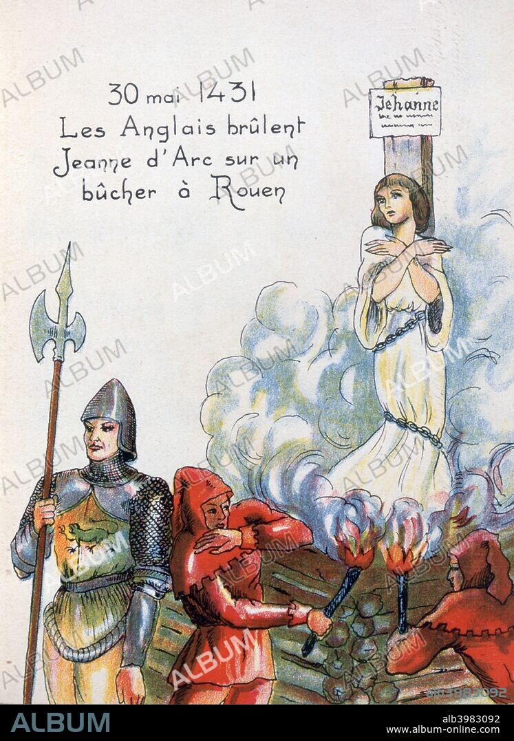 Joan of Arc executed by the English, 30 May 1431 (20th century). Claiming divine inspiration, Joan of Arc persuaded Charles VII to declare himself King of France (at the time France was ruled by England under the terms of the Treaty of Troyes signed in 1420). Joan was captured by the English and executed and martyred in 1431, but Charles went on to regain all of France from the English, with the exception of Calais. From an anti-British brochure titled Who has been the enemy of France through History?.