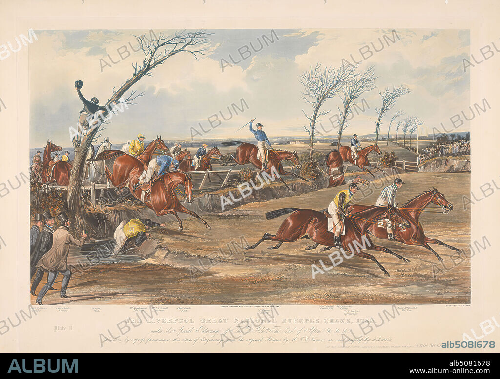 One of a set of four: The Liverpool Great National Steeple-Chase, John Harris, 18111865, British, after Francis Calcraft Turner, active 17821846, British, 1839, Color printed aquatint, Sheet: 19 3/8 x 25 3/4in. (49.2 x 65.4cm).