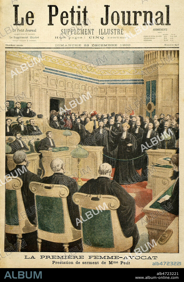 'La premiere femme avocat. Prestation de serment de Mme PETIT'. Gravure du Petit Journal Illustre du 23 decembre 1900. Credit : Collection KHARBINE-TAPABOR.