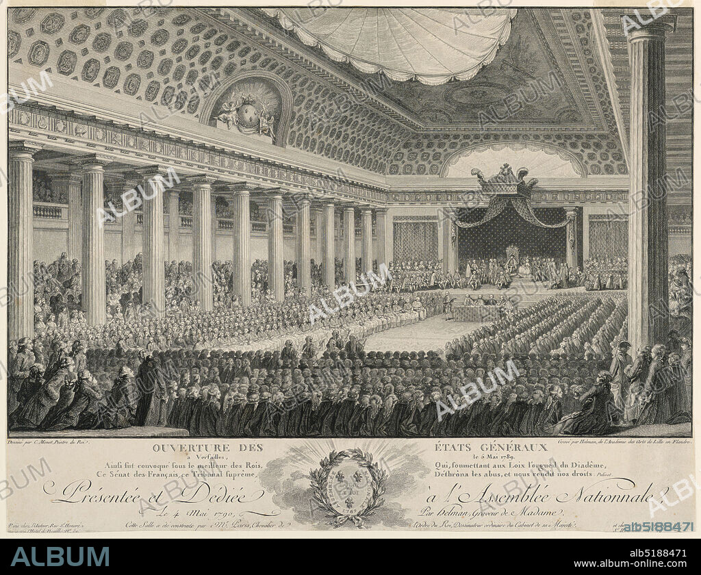 Meeting of the States General at Versailles in 1789, Isidore-Stanislaus-Henri Helman, French, 1743 - 1809, Charles Monnet, French, 1732 - 1808, Engraving on paper, Interior of the Hall of Revels at Versailles showing the King presiding over the meeting of the États Généraux., Paris, France, 1790, Print, Print.