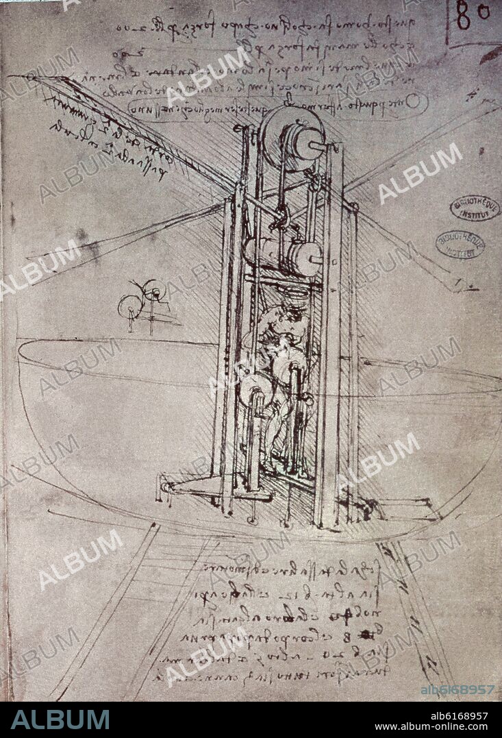 LEONARDO DA VINCI. DIBUJO DE MAQUINA VOLANTE - RENACIMIENTO - COD B - FOL 80R - SIGLO XV - RENACIMIENTO ITALIANO.