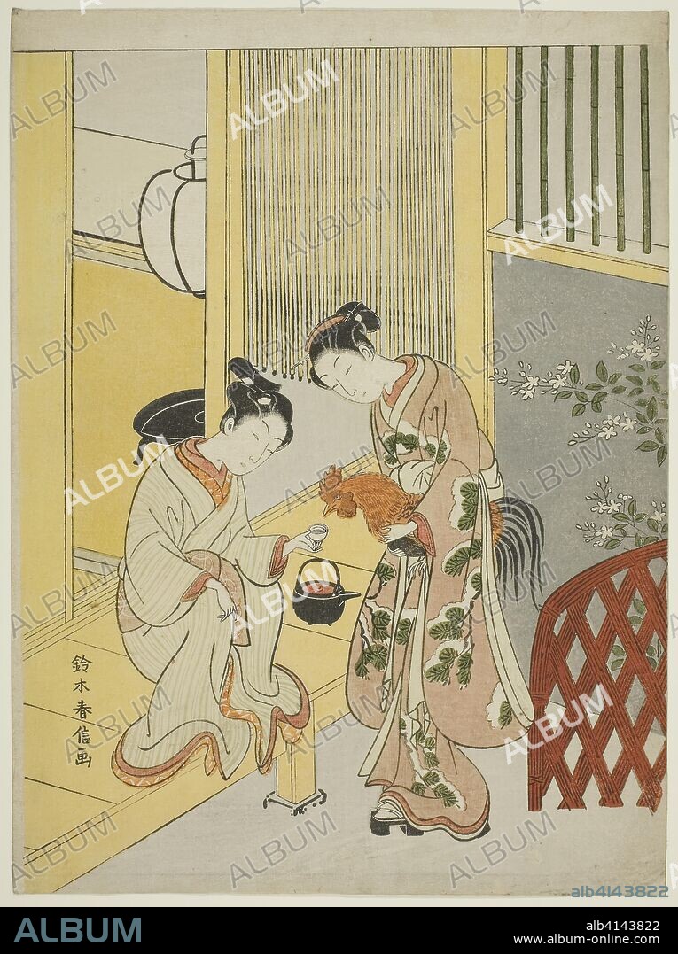 Delaying the announcement of dawn. Suzuki Harunobu ?? ??; Japanese, 1725 (?)-1770. Date: 1762-1770. Dimensions: 11 1/4 x 8 1/4 in. Color woodblock print; chuban. Origin: Japan.