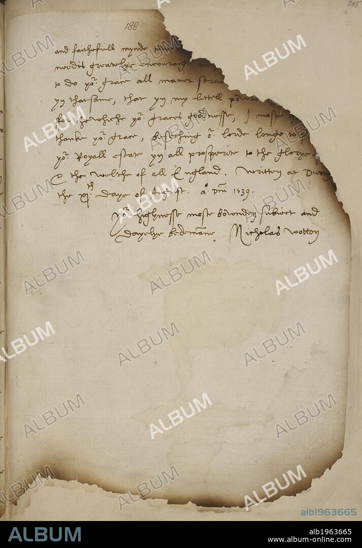 Letter from Nicholas Wotton to King Henry VIII concerning Holbein's portrait of Anne of Cleves. Germany [Duren]. [Whole folio] Letter to King Henry VIII from Nicholas Wotton concerning the accomplishments and character of Anne of Cleves. Wotton was sent by the king as envoy to Cleves. He informs Henry that Hans Holbein has produced portraits of Anne and her sister Amelia. Duren, 11 August 1539.  Image taken from   Originally produced in Germany {Duren]; 1539 . Source: Cotton Vitellius B. XXI, f.205. Language: English.