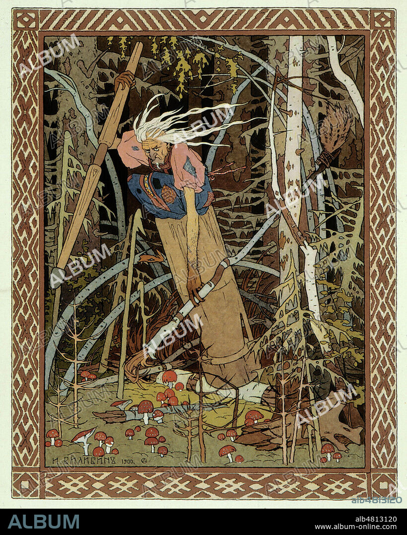 Vassilissa-la-tres-belle : La Baba Yaga , sorciere dans les contes russes se deplace dans un mortier et avance avec un pilon et un balai de bouleau qui lui sert a effacer ses traces. Illustration d'Ivan BILIBINE, 1900 . Credit Collection Kharbine Tapabor.