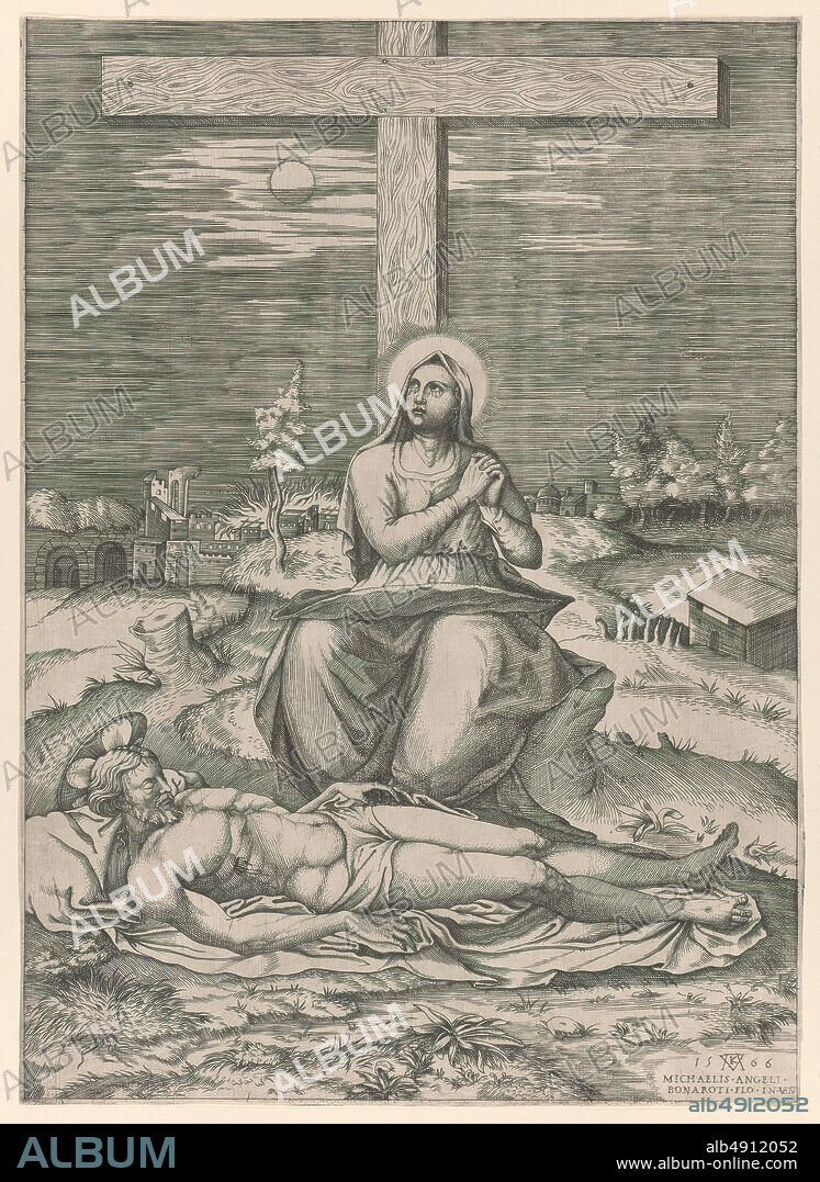 Mario Cartaro, The Lamentation of the Virgin Beneath the Cross, Mario Cartaro (Italian, born Viterbo, active Rome ca. 155788, died 1620), After Michelangelo Buonarroti (Italian, Caprese 14751564 Rome), 1566, Engraving; first state (undescribed), Plate: 14 11/16 × 10 5/16 in. (37.3 × 26.2 cm), Sheet: 14 13/16 × 10 9/16 in. (37.7 × 26.9 cm), Prints.