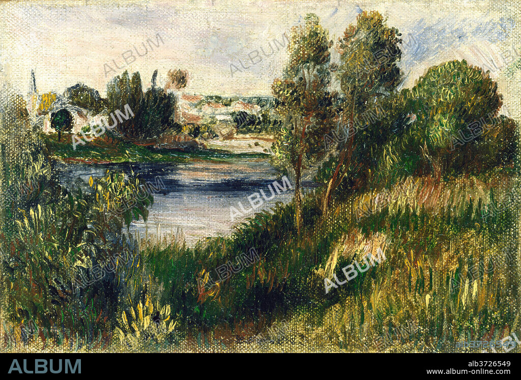 AUGUSTE RENOIR. Landscape at Vétheuil. Dated: c. 1890. Dimensions: overall: 11.5 x 16.5 cm (4 1/2 x 6 1/2 in.)  framed: 27.9 x 31.8 x 4.1 cm (11 x 12 1/2 x 1 5/8 in.). Medium: oil on canvas.