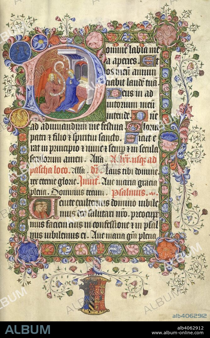 Matins of the Virgin, beginning with initial ' D', the Annunciation. The Virgin kneeling, the angel holding a scroll. Psalm 94, with initial 'V', two priests. Decorated borders scrolled leaf design. Lower margin; arms of Sir William Catesby. Bedford Psalter and Hours. England [London]; between 1414 and 1435. Source: Add. 42131, f.7. Language: Latin.