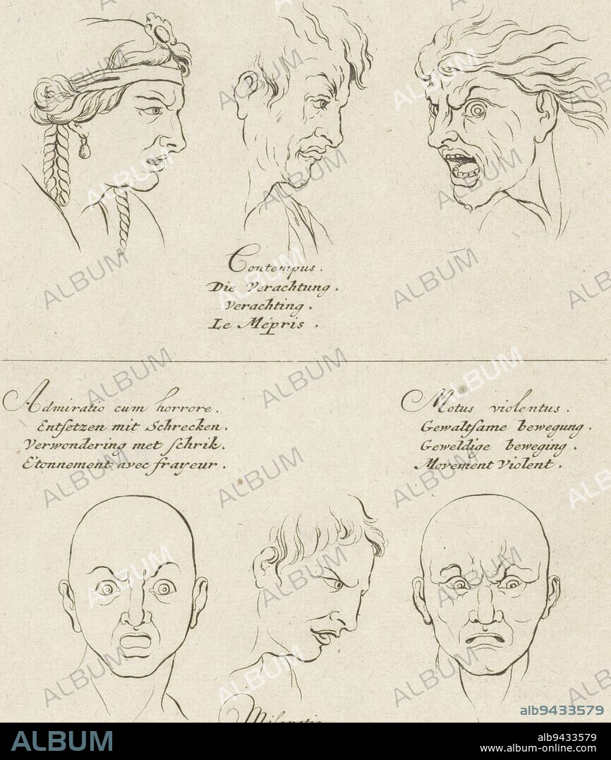 Facial expressions of fear, contempt, terror, wonder, pity and tremendous movement, Pieter Schenk (I), after Sébastien Leclerc, after Charles Le Brun, 1692 - 1711, At the top three faces with facial expressions of fear, contempt and terror. At bottom three faces with facial expressions of wonder with terror, pity and tremendous movement., print maker: Pieter Schenk (I), Sébastien Leclerc, intermediary draughtsman: Charles Le Brun, Amsterdam, 1692 - 1711, paper, etching, h 211 mm × w 160 mm.