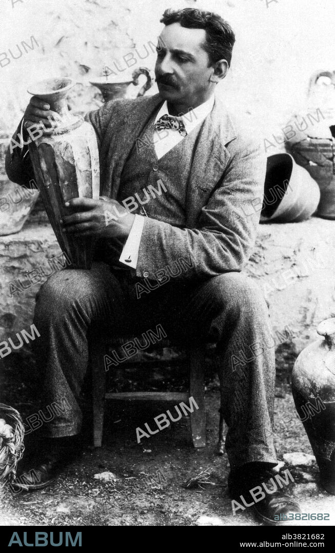 Arthur John Evans (July 8, 1851 - July 11,1941) was an English archeologist. He and Heinrich Schliemann were pioneers in the study of Aegean civilization. Schliemann had planned to excavate at Knossos, but died before fulfilling that dream. Evans bought the site, employed a staff of local laborers, and began work in 1900. Within a few months they uncovered a substantial portion of what he called the Palace of Minos. The small ruin of Knossos spanned 5 acres and the palace had a maze-like quality that reminded him of the labyrinth described in Greek mythology, so he named the civilization Minoan. By 1903, most of the palace was excavated, bringing to light an advanced city containing artwork and many examples of writing. During the excavation he found 3,000 clay tablets, which he transcribed and organized, publishing them in Scripta Minoa. He perceived that the scripts were two different and mutually exclusive writing systems, which he termed Linear A and Linear B. Despite decades of theories, Linear A has not been convincingly deciphered, nor even the language group identified. He died in 1941 at the age of 90.