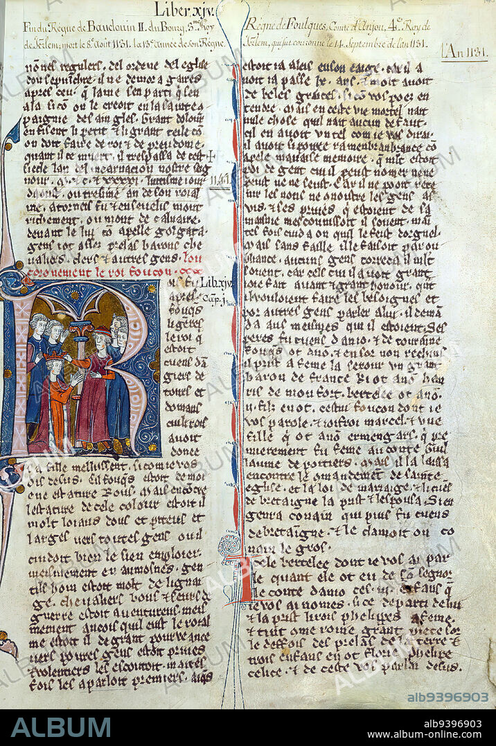 William of Tyre's Histoire d'Outre Mer, Initial 'R' with the coronation of King Fulk, This manuscript, completed in the later part of the thirteenth century, contains William of Tyre's Estoire d'Eracles (to 1229), Les Faits des Romains (continuation, Tiberius to Julian), and a letter of Prester John. While the origin of the manuscript is debatable between Acre and Paris, Jaroslav Folda suggests a strong connection with Epinal 45, a manuscript known to have been created in Paris during this same time. Versions of William of Tyre's work were particularly popular in France during the latter part of the thirteenth century.