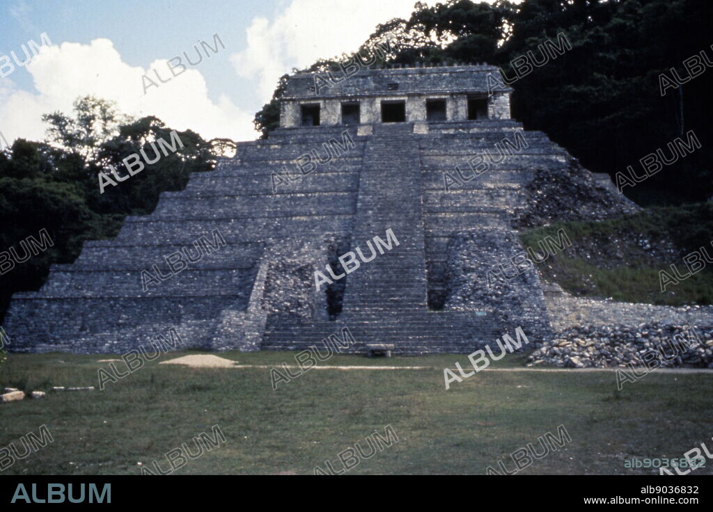 The Temple of the Inscriptions, the largest Mesoamerican stepped pyramid structure, at the pre-Columbian Maya civilization site of Palenque.