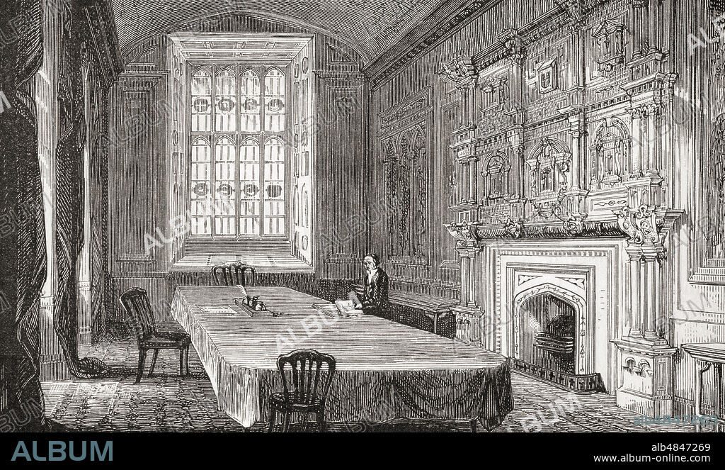 The Jerusalem Chamber, a room in what was formerly the abbot's house of Westminster Abbey and the place where Henry IV of England died in 1413.  From London Pictures, published 1890.
