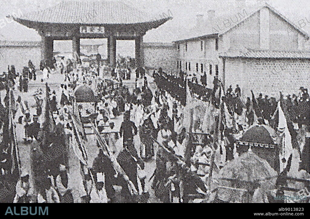 The national funeral march for Empress Myeongseong two years after her assassination in 1895. Empress Myeongseong or Empress Myung-Sung (1851 - 1895), known informally as Queen Min, was the first official wife of Gojong, the 26th king of Joseon and the first emperor of the Korean Empire.