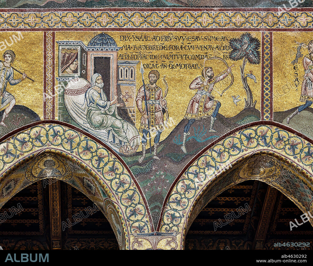Monreale, Duomo: "Isaac and Esau", Byzantine mosaic, Old Testament cycle - Abraham, XII - XIII century. Latin inscription: DIXIT ISAAC AD FILIUM SUUM ESAU - SUME ARMA TUA ET EGREDERE FORA CUMQUE VENATUM ALIQUOD APPREBENDES FACINDE PALMENTUM UT COMENDAM ET BENEDICAM TIBI ANTEQUAM MORIAR ".