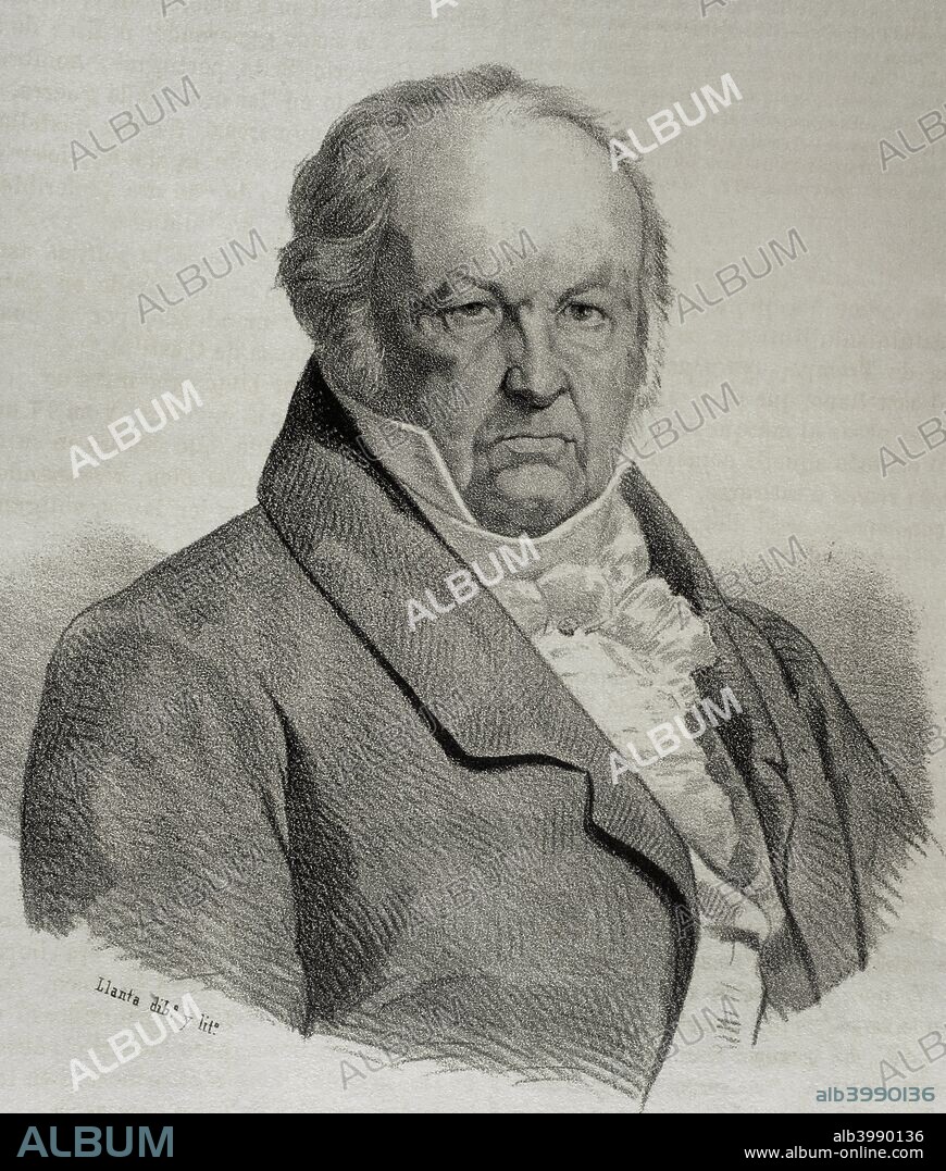 Francisco de Goya (1746-1828). Pintor y grabador español. Dibujo por Lanta. Litografía. Crónica General de España, Historia Ilustrada y Descriptiva de sus Provincias. Cataluña, 1866. Biblioteca Histórico Militar de Barcelona. Cataluña, España.