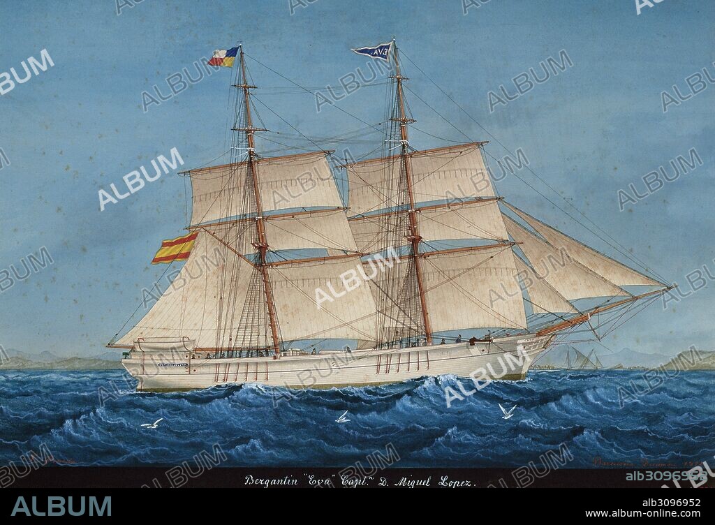 HISTORIA DE LA NAVEGACION. SIGLO XIX. BERGANTIN "EVA". Construído en Lloret de Mar (Provincia de Girona, Cataluña). Acuarela de José PINEDA GUERRA (Alicante, 1837-1907), pintada en el año 1894. Museu Marítim de Barcelona. Cataluña.