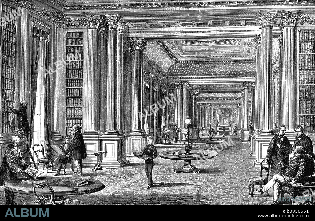 The library of the Reform Club, London, 1891. The Reform Club is a gentlemen's club on the south side of Pall Mall (at number 104), in central London. Originally for men only, it has admitted ladies since 1981. From Old and New London: a Narrative of its History, its People and its Places, volume IV, by Edward Walford, pulished by Cassell and Company (1891).