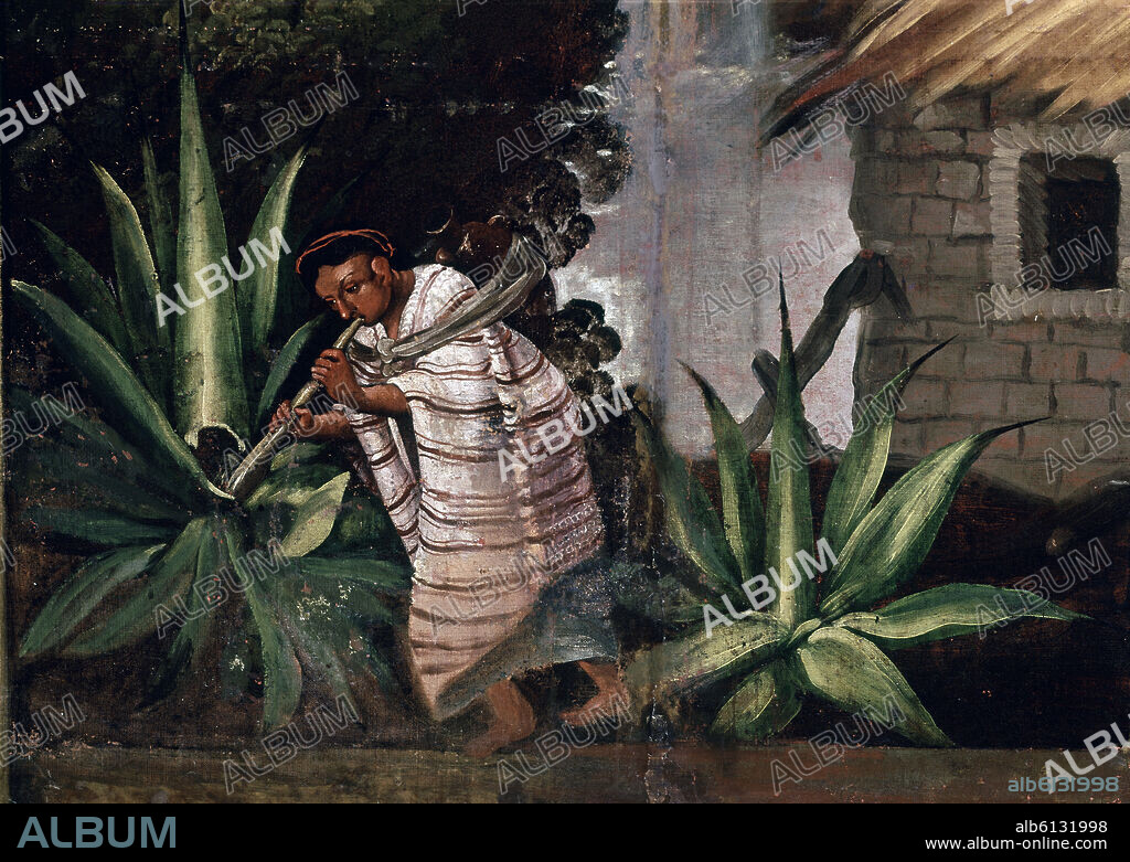 DETALLE DEL BIOMBO MEXICANO EL PALO VOLADOR - SIGLO XVII - TLACHICLERO SACA PULQUE DEL MAGUEY- Conj nº 3483.