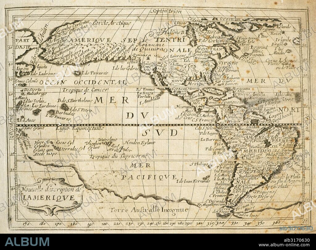 "MAPA DE LAS AMERICAS". La linea ecuatorial divide la America septentrional de la merional. Por occidente el mapa llega hasta Japón y por oriente hasta las islas de Cabo Verde y Azores.