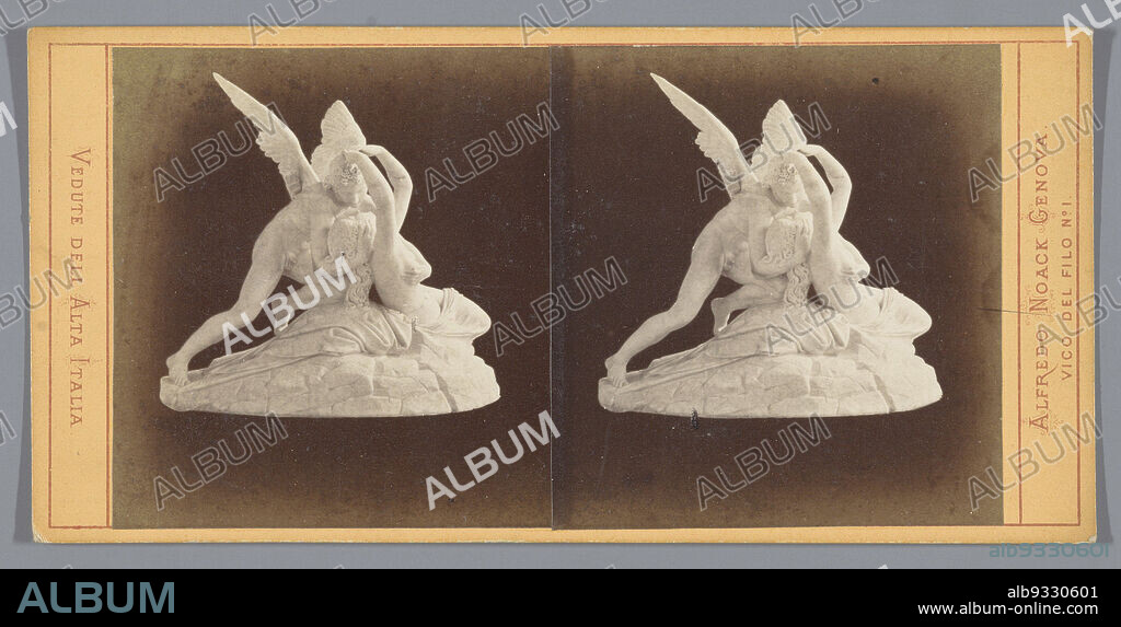 Statue of Amor and Psyche by Adamo Tadolini, at the Villa Carlotta, Amor Psiche nella Villa Carlotta, Lago di Como (title on object), Vedute dell Alta Italia (series title on object), Alfredo Noack (mentioned on object), Adamo Tadolini, Tremezzo, 1858 - 1893, cardboard, paper, albumen print, height 85 mm × width 176 mm.