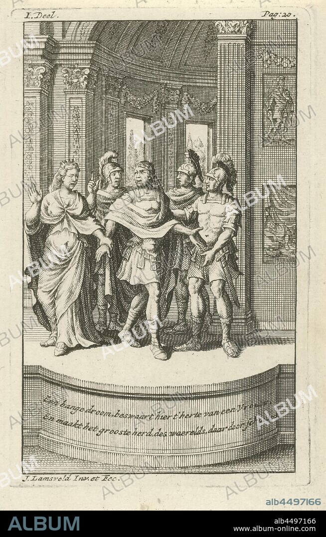 Calpurnia Pisonis tells Julius Caesar her dream, Calpurnia Pisonis tells her husband Julius Caesar of the dreams in which she was warned of danger. Caesar ignores her and gets ready to leave. The representation is explained in the two-line caption. The print is marked top left and right: I. Part. - Pag: 20. Manufactured in the tragedy translated 'The Death of Julius Cezar' from French, written by Marie-Anne Barbier, (story of) C. Julius Caesar, Jan Lamsvelt (mentioned on object), 1728, paper, etching, h 132 mm × w 83 mm.