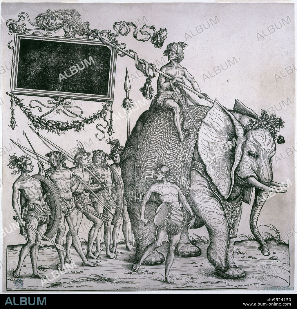 The Triumphal Procession of Emperor Maximilian I: Indians with an Elephant (Dornik-Eger 36, Bartsch 81), Burgkmair, Hans (the Elder), Author of the model, Dürer, Albrecht (workshop of), Engraver, Between 1512 and 1519, 1st quarter of the 16th century, Print, Graphic arts, Original print, Dimensions - Work: Height: 38.5 cm, Width: 39 cm.