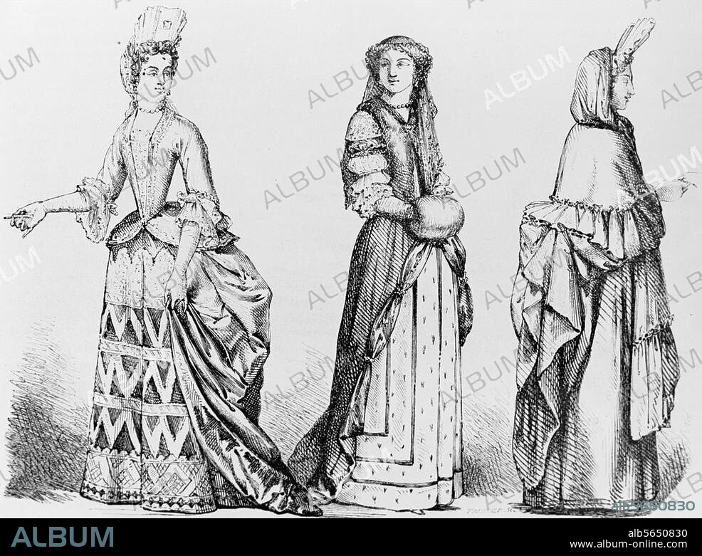 Mode / Damenmode. Damenmode des 17. u. 18. Jahrhunderts in Frankreich: "La duchesse de Foix, 1691 / Modèle de mode pour l'année 1678 / Costume bourgeois en 1705". (Damen links und rechts mit Fontange-Frisur). Holzstich nach Zeichnung von Chevignard.