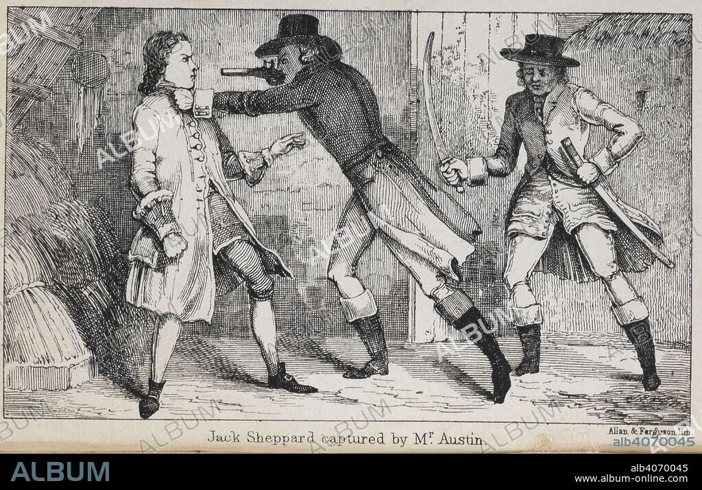 Jack Sheppard captured by Mr. Austin'. Jack Sheppard was an English  robber, burglar and thief of early 18th-century London. He was arrested and imprisoned five times in 1724 and escaped four times. Pocket Newgate calendar; a series of authentic memoirs of characters most famous in their day, for having committed the crimes of murder, housebreaking... by Charles Cavendish, .. London : published by William Draper Thomson, 1840. Source: RB.23.a.25974, Frontispiece.