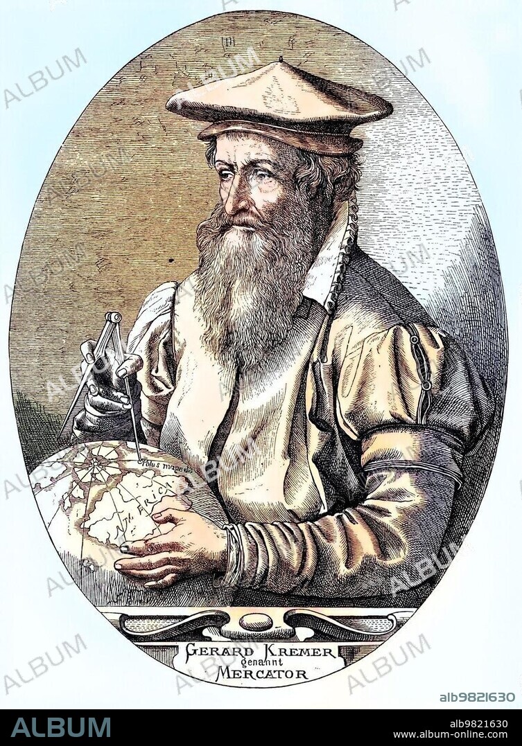 Gerhard Mercator, Gerard De Kremer, Gerardus Mercator or Gerhard Kraemer, 1512-1594, a mathematician, geographer, philosopher, theologian and cartographer, historical engraving, circa. 1870, Historic, digitally restored reproduction from a 19th century original, coloured, exact date unknown