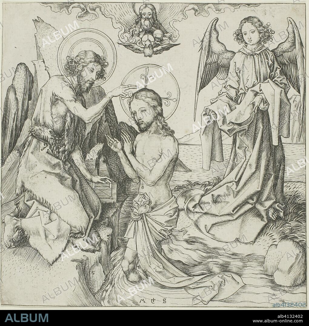 The Baptism of Christ. Martin Schongauer; German, c. 1450-1491. Date: 1475-1495. Dimensions: 156 × 158 mm (plate/sheet). Engraving in black on ivory laid paper. Origin: Germany.