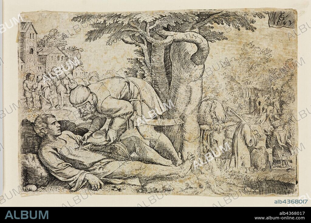 Georg Pencz, German, 1500-1550, The Good Samaritan, 1543, engraving printed in black ink on laid paper, Sheet (trimmed within plate mark): 2 7/8 × 4 1/2 inches (7.3 × 11.4 cm).