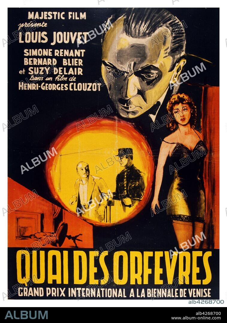 French film poster for the film 'Quai des Orfevres' (also known as Jenny Lamour) 1947 French police drama based on the book Legitime defense by Stanislas-Andre Steeman. Directed by Henri-Georges Clouzot the film stars Suzy Delair as Jenny Lamour, Bernard Blier as Maurice Martineau, Louis Jouvet as Inspector Antoine and Simone Renant as Dora.