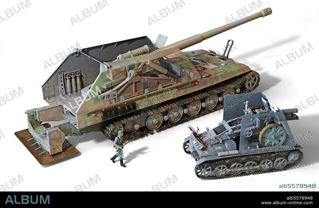 Illustration of two German self-propelled guns, very different in size and concept: the sIG 33 auf Pz I and the Geschutzwagen Tiger.
