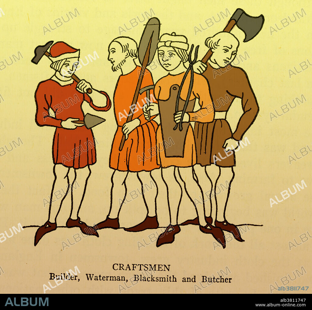 A drawing of a builder, waterman, blacksmith and butcher.