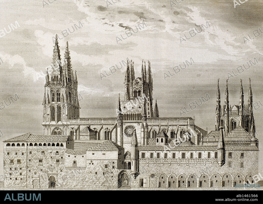 ARTE GOTICO-ESPAÑA. S. XIII-XIV. Grabado que representa la CATEDRAL DE BURGOS (1221-1525?). Se edificó en el solar donde se hallaba la catedral románica. En su exterior destacan las fachadas del Sarmental y de la Coronería, en el crucero (s. XIII), con abundante estatuaria gótica en las portadas y galerías altas. Burgos. España.