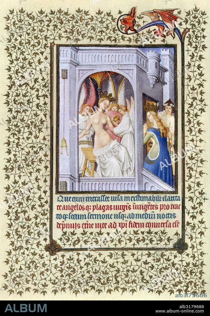 Illumination depicting the Story of Saint Catherine from the Belles Heures of Jean de France, Duc de Berry (The Beautiful Hours) an early 15th-century illuminated manuscript book of hours. Dated 15th Century.