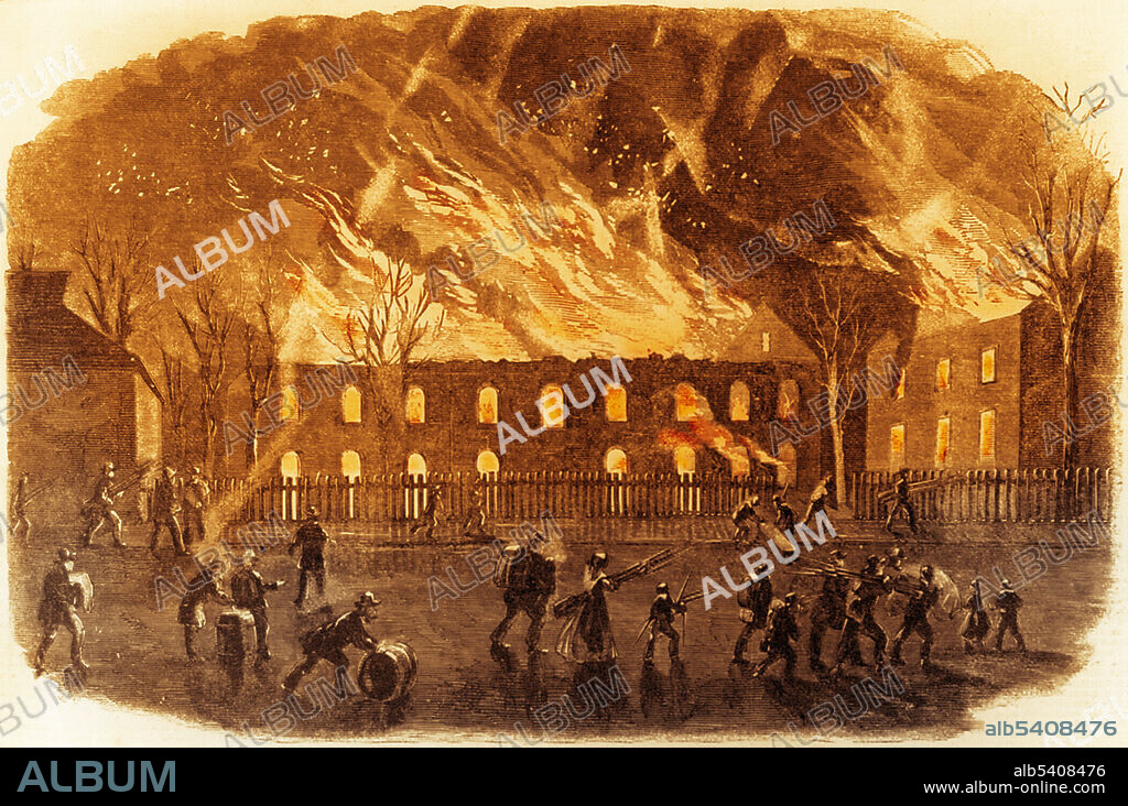 Burning of the U.S. Arsenal at Harper's Ferry, 10 P.M., April 18, 1861, at the start of the American Civil War. This was to prevent Confederates from using the contents of the arsenal. Color enhanced.